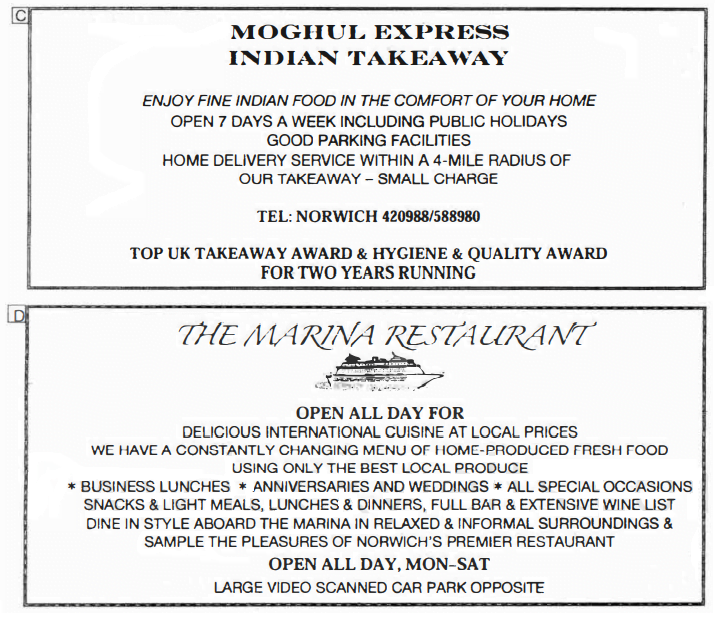 Restaurant Advertisements - Moghul Express Indian Takeaway and The Marina Restaurant