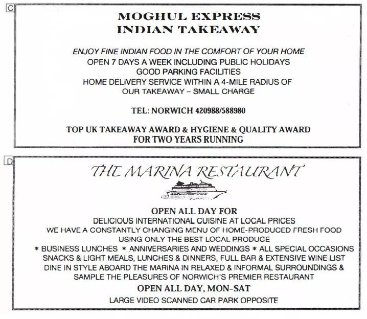 Restaurant Advertisements - Moghul Express Indian Takeaway and The Marina Restaurant